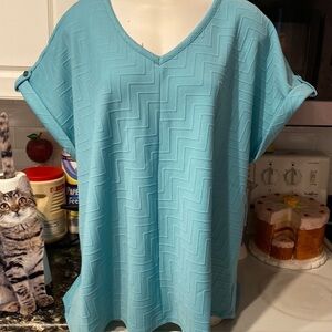 Q womens New York turquoise cap sleeve stretch plus size top 3X. NWT